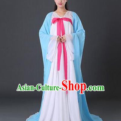 Asian China Ancient Tang Dynasty Palace Lady Costume, Traditional Chinese Princess Hanfu Embroidered Blue Dress Clothing for Women
