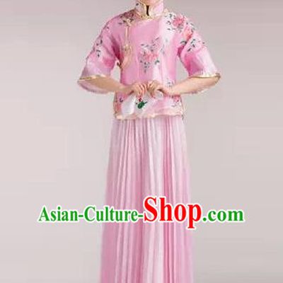 Traditional Ancient Chinese Manchu Nobility Lady Costume, Asian Chinese Qing Dynasty Embroidered Pink Dress Clothing for Women