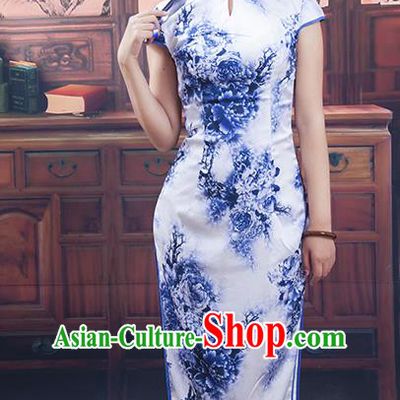 Traditional Ancient Chinese Republic of China Cheongsam, Asian Chinese Chirpaur Blue Long Qipao Dress Clothing for Women