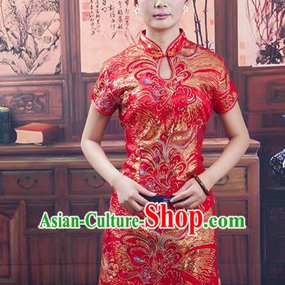Traditional Ancient Chinese Republic of China Cheongsam, Asian Chinese Chirpaur Short Red Qipao Dress Clothing for Women