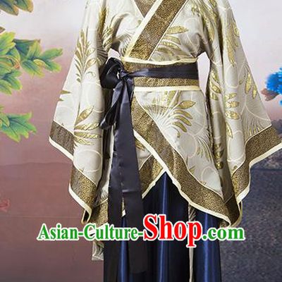 Asian China Ancient Han Dynasty Palace Lady Costume, Traditional Chinese Hanfu Embroidered Golden Curve Bottom Clothing for Women
