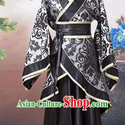 Asian China Ancient Han Dynasty Princess Costume, Traditional Chinese Palace Lady Hanfu Embroidered Black Clothing for Women