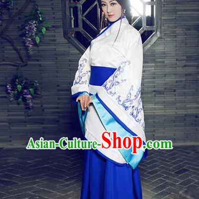 Traditional Ancient Chinese Imperial Consort Costume, Elegant Hanfu Chinese Han Dynasty Imperial Empress Blue Embroidered Clothing for Women