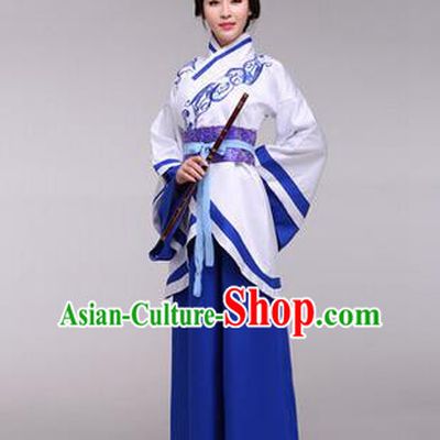 Traditional Ancient Chinese Imperial Princess Costume, Elegant Hanfu Chinese Han Dynasty Imperial Empress Embroidered Blue Clothing for Women