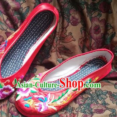 Traditional Chinese National Embroidered Shoes Wedding Red Shoes, China Handmade Shoes Hanfu Embroidery Dragon and Phoenix Shoes for Women