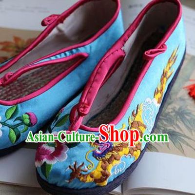 Traditional Chinese National Embroidered Shoes Wedding Blue Shoes, China Handmade Shoes Hanfu Embroidery Dragon and Phoenix Shoes for Women