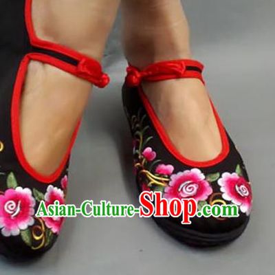 Traditional Chinese National Embroidered Shoes Black Cloth Shoes, China Handmade Shoes Hanfu Embroidery Flowers Shoes for Women
