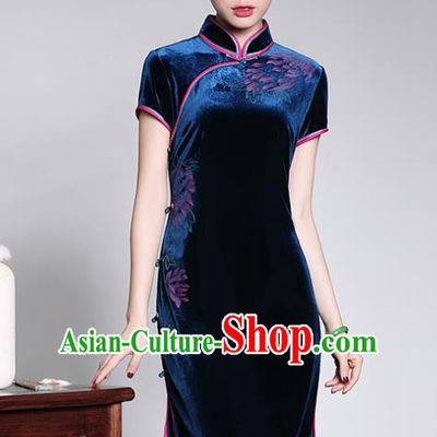 Traditional Chinese National Costume Elegant Hanfu Royalblue Velvet Cheongsam, China Tang Suit Plated Buttons Chirpaur Dress for Women