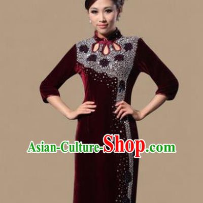 Traditional Chinese National Costume Elegant Hanfu Red Velvet Crystal Cheongsam, China Tang Suit Plated Buttons Chirpaur Dress for Women