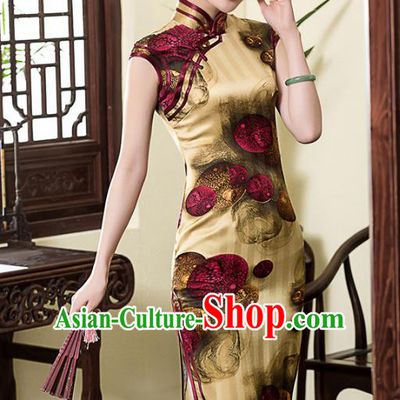 Traditional Chinese National Costume Elegant Hanfu Printing Yellow Silk Cheongsam, China Tang Suit Plated Buttons Chirpaur Dress for Women