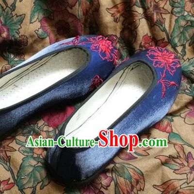 Traditional Chinese National Embroidered Shoes Handmade Navy Satin Shoes, China Hanfu Embroidery Flower Shoes for Women