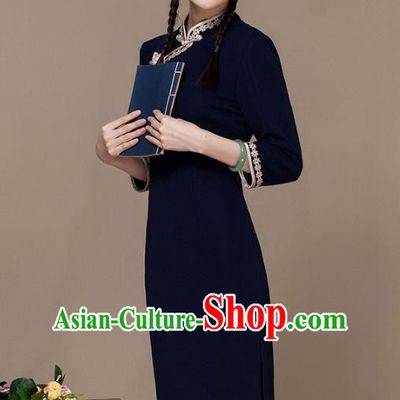 Traditional Chinese National Costume Elegant Hanfu Navy Cheongsam Dress, China Tang Suit Slant Opening Chirpaur Cheong-sam for Women