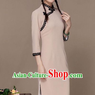 Traditional Chinese National Costume Elegant Hanfu Beige Cheongsam Dress, China Tang Suit Slant Opening Chirpaur Cheong-sam for Women