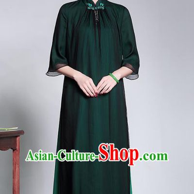 Traditional Chinese National Costume Elegant Hanfu Green Cheongsam Dress, China Tang Suit Plated Buttons Chirpaur Dress for Women
