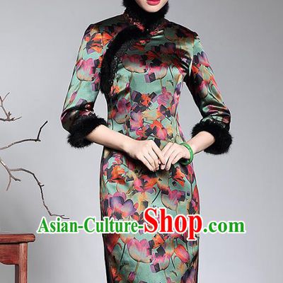 Traditional Chinese National Costume Elegant Hanfu Watered Gauze Cheongsam, China Tang Suit Plated Buttons Chirpaur Dress for Women