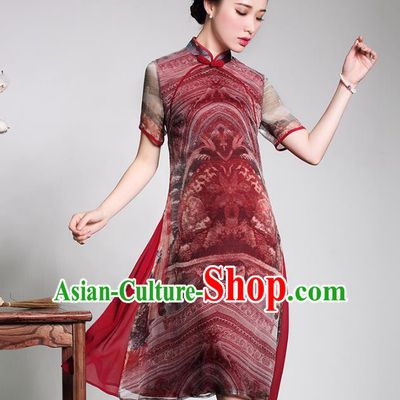 Traditional Chinese National Costume Elegant Hanfu Printing Silk Cheongsam, China Tang Suit Plated Buttons Chirpaur Dress for Women