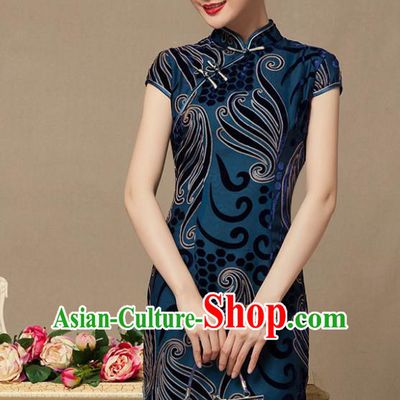 Traditional Chinese National Costume Elegant Hanfu Blue Velvet Cheongsam, China Tang Suit Slant Opening Chirpaur Cheong-sam for Women