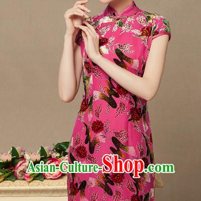Traditional Chinese National Costume Elegant Hanfu Pink Printing Cheongsam, China Tang Suit Plated Buttons Chirpaur Dress for Women