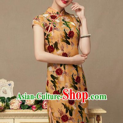 Traditional Chinese National Costume Elegant Hanfu Khaki Printing Cheongsam, China Tang Suit Plated Buttons Chirpaur Dress for Women