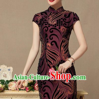 Traditional Chinese National Costume Elegant Hanfu Brown Velvet Cheongsam, China Tang Suit Slant Opening Chirpaur Cheong-sam for Women