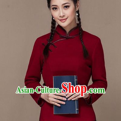 Traditional Chinese National Costume Elegant Hanfu Plated Button Red Wool Shirt, China Tang Suit Slant Opening Blouse Cheongsam Upper Outer Garment for Women