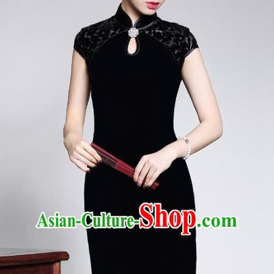 Traditional Chinese National Costume Elegant Hanfu Black Velour Cheongsam, China Tang Suit Plated Buttons Chirpaur Dress for Women
