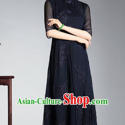 Traditional Chinese National Costume Elegant Hanfu Black Silk Embroidery Cheongsam, China Tang Suit Plated Buttons Chirpaur Dress for Women