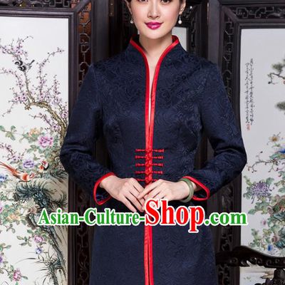 Traditional Chinese National Costume Elegant Hanfu Navy Brocade Coat, China Tang Suit Plated Buttons Jacket for Women