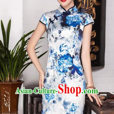 Traditional Chinese National Costume Elegant Hanfu Blue Silk Printing Cheongsam, China Tang Suit Plated Buttons Chirpaur Dress for Women