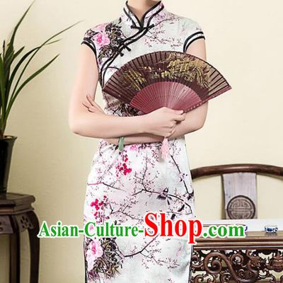 Traditional Chinese National Costume Elegant Hanfu White Silk Printing Cheongsam, China Tang Suit Plated Buttons Chirpaur Dress for Women