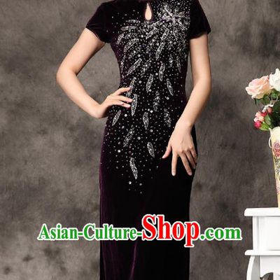 Traditional Chinese National Costume Elegant Hanfu Purple Velvet Beading Cheongsam, China Tang Suit Plated Buttons Chirpaur Dress for Women