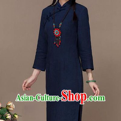 Traditional Chinese National Costume Elegant Hanfu Navy Linen Cheongsam, China Tang Suit Plated Buttons Chirpaur Dress for Women