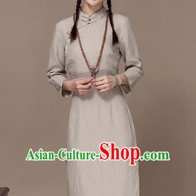 Traditional Chinese National Costume Elegant Hanfu Beige Linen Cheongsam, China Tang Suit Plated Buttons Chirpaur Dress for Women