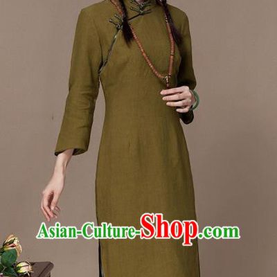 Traditional Chinese National Costume Elegant Hanfu Green Linen Cheongsam, China Tang Suit Plated Buttons Chirpaur Dress for Women