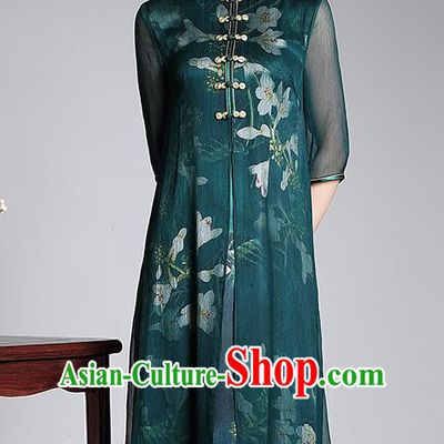 Traditional Chinese National Costume Elegant Hanfu Green Silk Long Cheongsam, China Tang Suit Plated Buttons Chirpaur Dress for Women