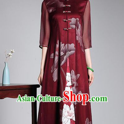 Traditional Chinese National Costume Elegant Hanfu Red Silk Long Cheongsam, China Tang Suit Plated Buttons Chirpaur Dress for Women