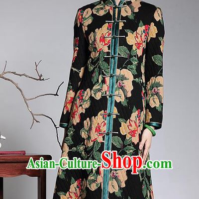 Traditional Chinese National Costume Elegant Hanfu Cheongsam Black Cotton-padded Coat, China Tang Suit Plated Buttons Chirpaur Dust Coat for Women