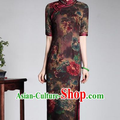 Traditional Chinese National Costume Elegant Hanfu Silk Long Cheongsam, China Tang Suit Plated Buttons Qipao Chirpaur Dress for Women
