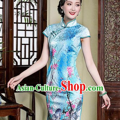 Traditional Chinese National Costume Elegant Hanfu Blue Printing Peach Blossom Cheongsam, China Tang Suit Plated Buttons Qipao Chirpaur Dress for Women