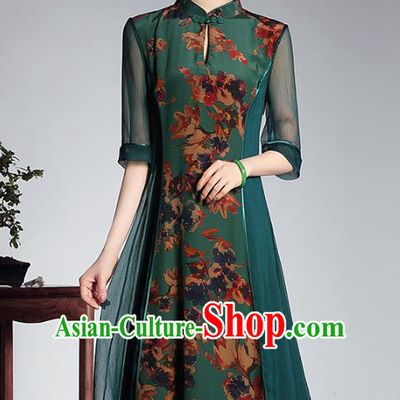 Traditional Chinese National Costume Elegant Hanfu Green Silk Cheongsam, China Tang Suit Plated Buttons Qipao Chirpaur Dress for Women