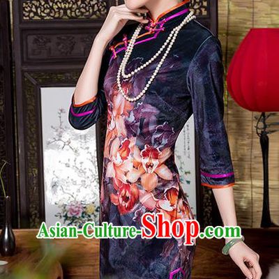 Traditional Chinese National Costume Elegant Hanfu Printing Flowers Purple Velvet Cheongsam, China Tang Suit Plated Buttons Chirpaur Dress for Women