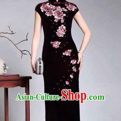 Traditional Chinese National Costume Elegant Hanfu Purple Velvet Embroidered Qipao Dress Cheongsam, China Tang Suit Plated Buttons Chirpaur for Women