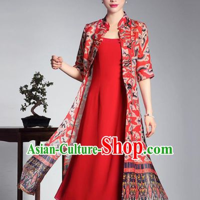Traditional Chinese National Costume Elegant Hanfu Red Cheongsam Long Coat, China Tang Suit Plated Buttons Chirpaur Dust Coat for Women