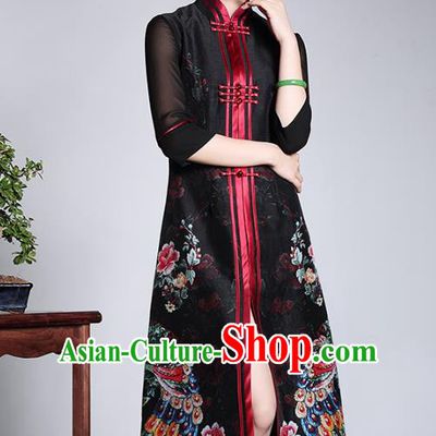 Traditional Chinese National Costume Elegant Hanfu Black Silk Cheongsam Long Coat, China Tang Suit Plated Buttons Chirpaur Dust Coat for Women