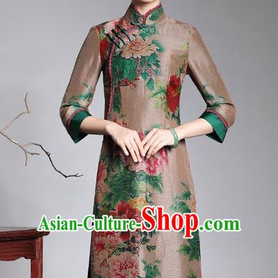 Traditional Chinese National Costume Elegant Hanfu Printing Peony Silk Qipao Dress, China Tang Suit Plated Buttons Cheongsam for Women