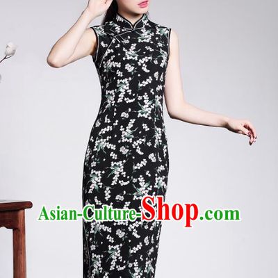 Traditional Chinese National Costume Elegant Hanfu Plated Button Black Qipao Dress, China Tang Suit Cheongsam for Women