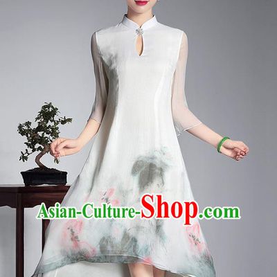 Traditional Chinese National Costume Elegant Hanfu Plated Button Hand Painting White Qipao Dress, China Tang Suit Cheongsam for Women