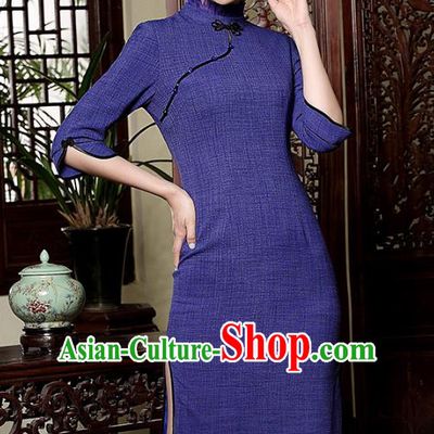 Traditional Chinese National Costume Elegant Hanfu Plated Buttons Blue Qipao Dress, China Tang Suit Cheongsam for Women