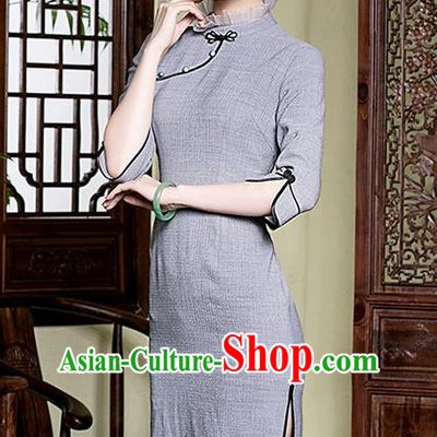 Traditional Chinese National Costume Elegant Hanfu Plated Buttons Grey Qipao Dress, China Tang Suit Cheongsam for Women