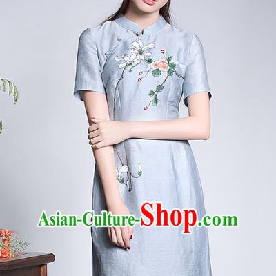 Traditional Chinese National Costume Elegant Hanfu Plated Buttons Blue Linen Qipao, China Tang Suit Hand Painting Cheongsam Dress for Women